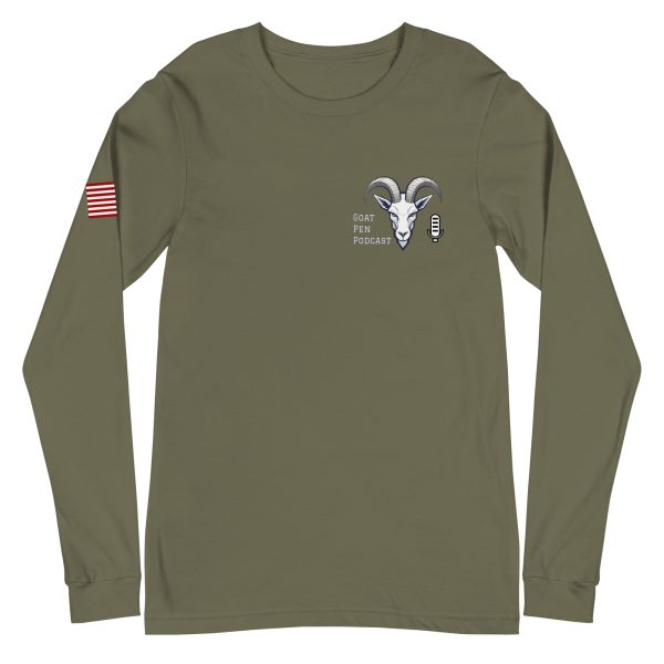 Goat Pen Podcast Logo Unisex Long Sleeve Tee with American Flag on Right Sleeve - Image 23
