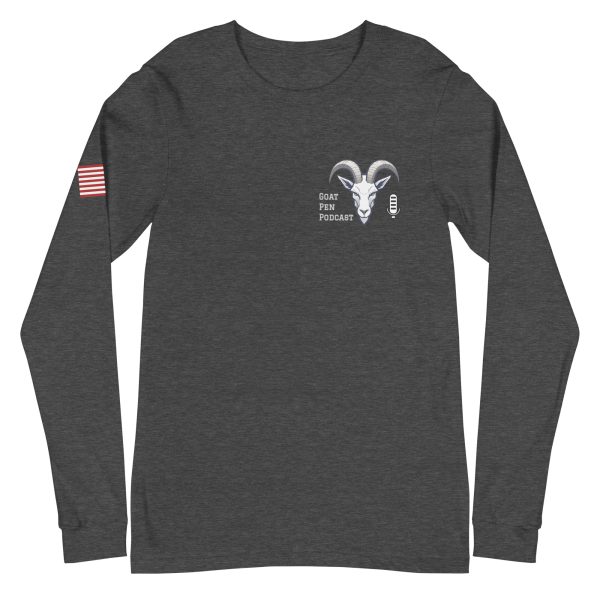 Goat Pen Podcast Logo Unisex Long Sleeve Tee with American Flag on Right Sleeve - Image 13