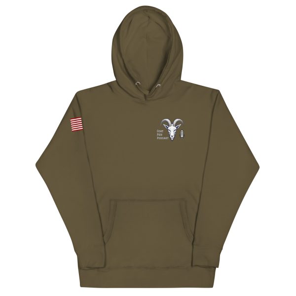 Goat Pen Podcast Logo Hoodie with American Flag on Right Sleeve - Image 15