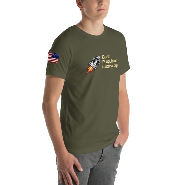 Goat Propulsion Laboratory Logo T-Shirt with American Flag on Right Sleeve - Image 54