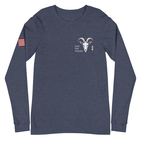 Goat Pen Podcast Logo Unisex Long Sleeve Tee with American Flag on Right Sleeve - Image 17
