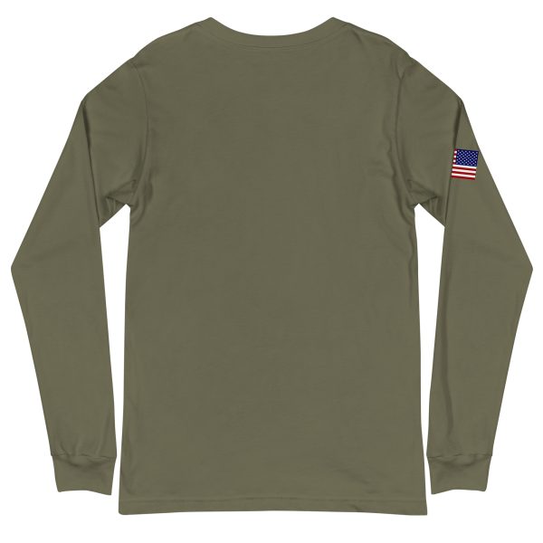 Goat Pen Podcast Logo Unisex Long Sleeve Tee with American Flag on Right Sleeve - Image 24