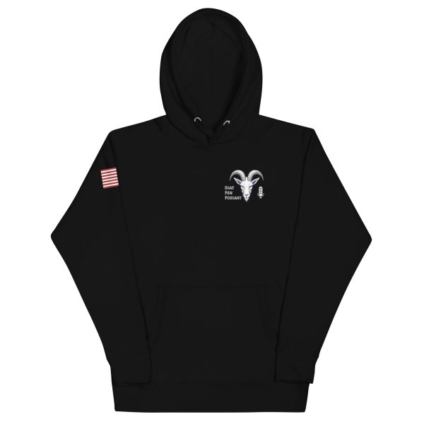 Goat Pen Podcast Logo Hoodie with American Flag on Right Sleeve