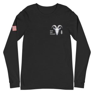 Goat Pen Podcast Logo Unisex Long Sleeve Tee with American Flag on Right Sleeve