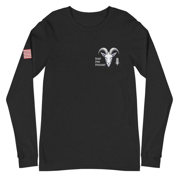 Goat Pen Podcast Logo Unisex Long Sleeve Tee with American Flag on Right Sleeve