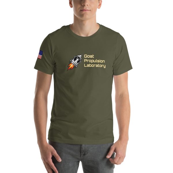 Goat Propulsion Laboratory Logo T-Shirt with American Flag on Right Sleeve - Image 49