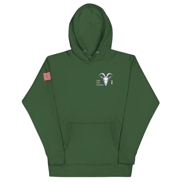 Goat Pen Podcast Logo Hoodie with American Flag on Right Sleeve - Image 13