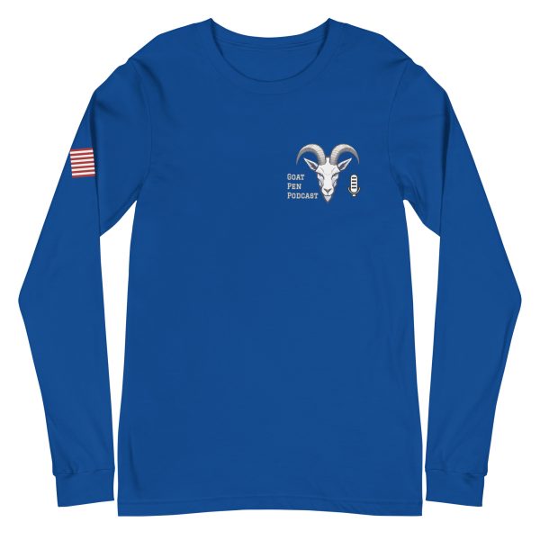 Goat Pen Podcast Logo Unisex Long Sleeve Tee with American Flag on Right Sleeve - Image 15