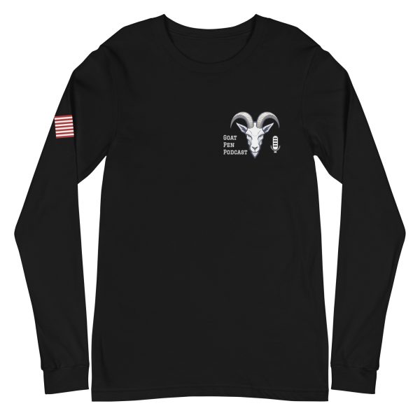 Goat Pen Podcast Logo Unisex Long Sleeve Tee with American Flag on Right Sleeve - Image 3
