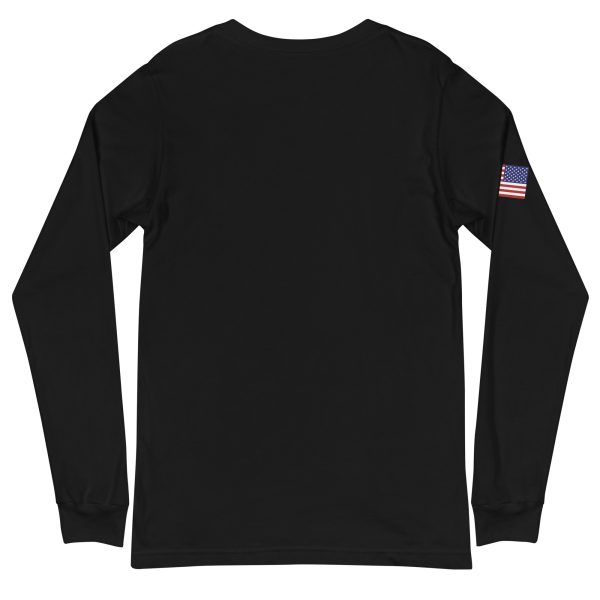 Goat Pen Podcast Logo Unisex Long Sleeve Tee with American Flag on Right Sleeve - Image 4