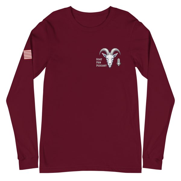 Goat Pen Podcast Logo Unisex Long Sleeve Tee with American Flag on Right Sleeve - Image 7