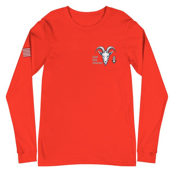 Goat Pen Podcast Logo Unisex Long Sleeve Tee with American Flag on Right Sleeve - Image 21