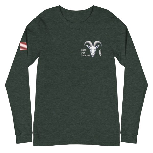 Goat Pen Podcast Logo Unisex Long Sleeve Tee with American Flag on Right Sleeve - Image 11