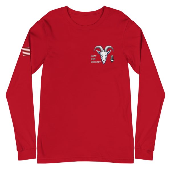 Goat Pen Podcast Logo Unisex Long Sleeve Tee with American Flag on Right Sleeve - Image 9