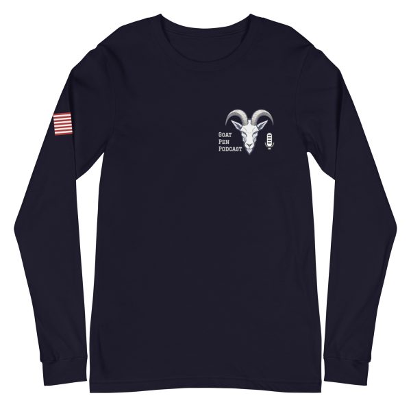 Goat Pen Podcast Logo Unisex Long Sleeve Tee with American Flag on Right Sleeve - Image 5