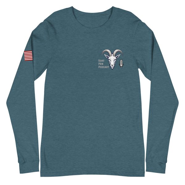 Goat Pen Podcast Logo Unisex Long Sleeve Tee with American Flag on Right Sleeve - Image 19