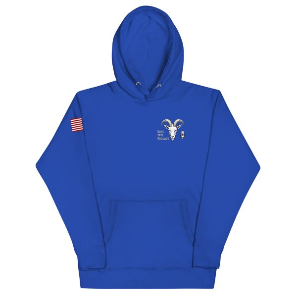 Goat Pen Podcast Logo Hoodie with American Flag on Right Sleeve - Image 11